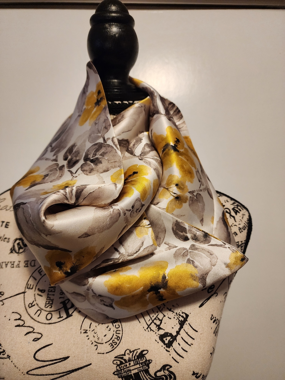 Silk Floral Infinity Scarf in Yellow and Gray - Elegant Women's Accessory